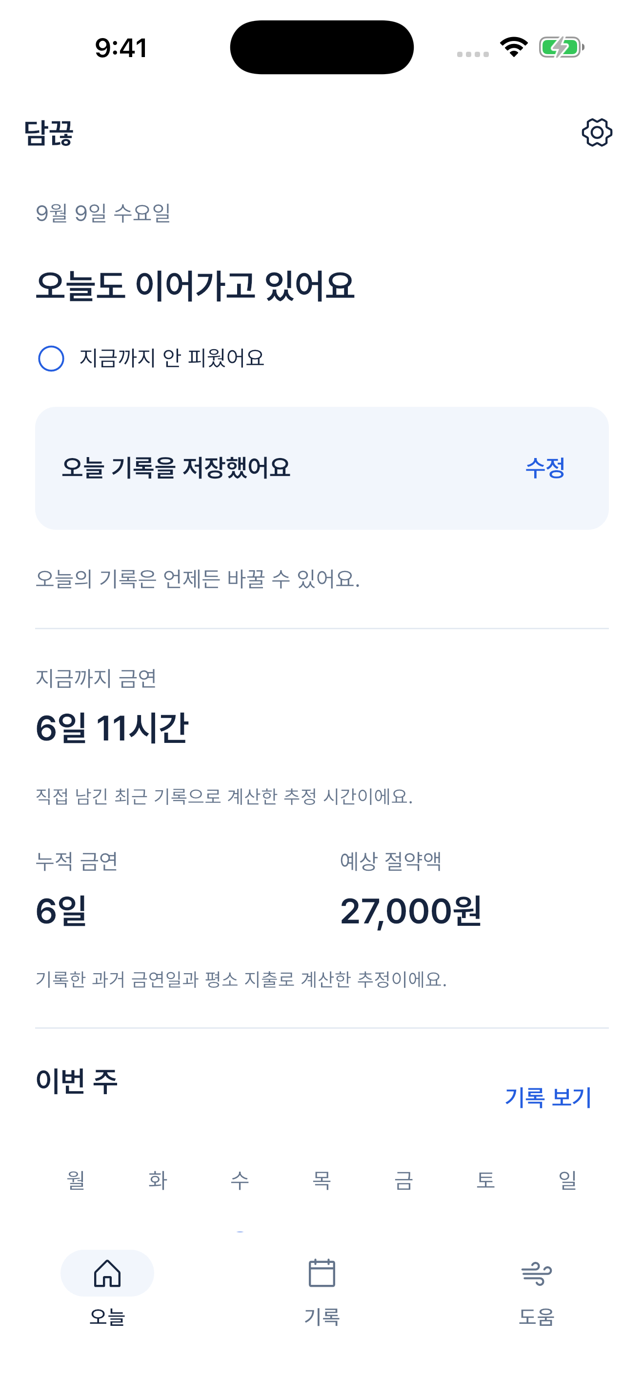 담끊 Today screen with sample records: 6 confirmed days and estimated savings of KRW 27,000