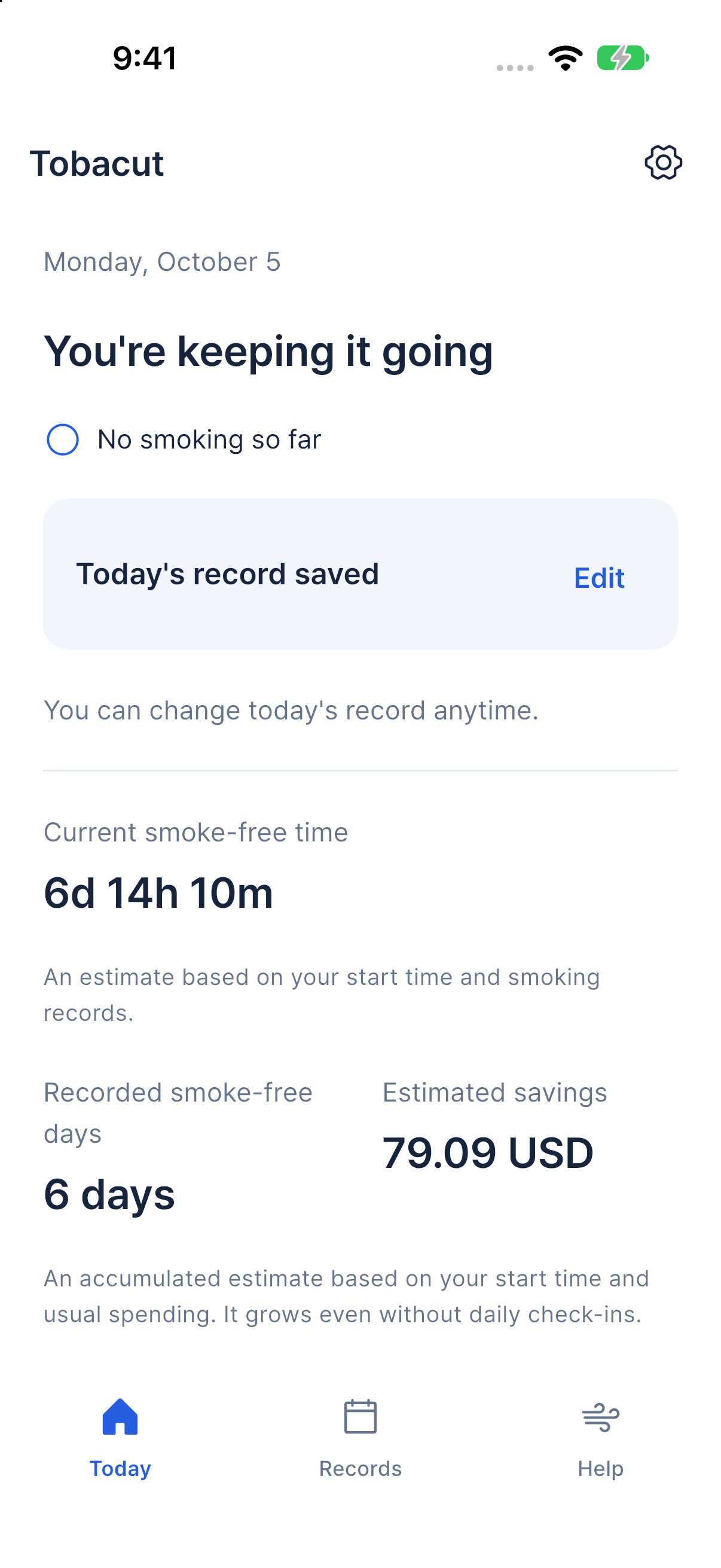Tobacut interface with sample data
